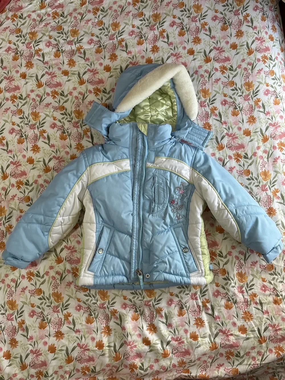 Protection System 2T Winter Coat Blue Green and White Pastel Hooded Embroidered